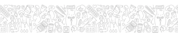 妇女健康 卫生和避孕的背景模式天衣无缝 矢量插图涂鸦细线艺术素描风格概念 — 图库矢量图片