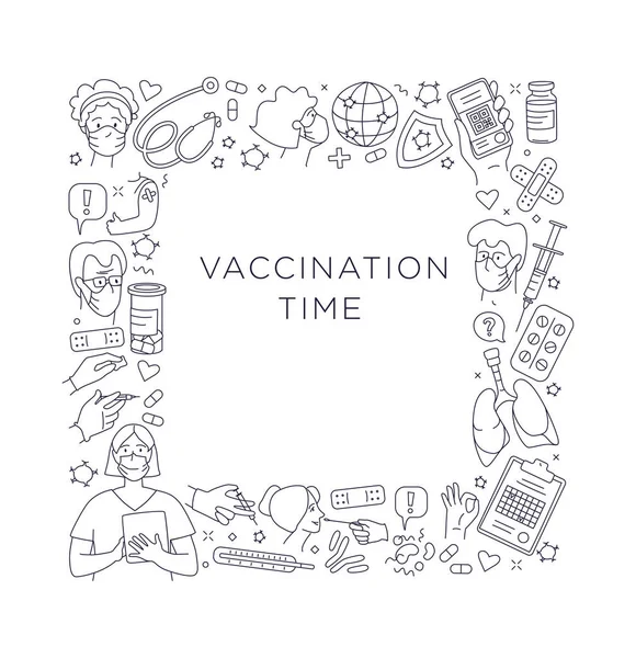 若い成人高齢者病院の医師の患者は予防接種を受けています 予防接種の時間だ ベクトルイラストドールズパターン境界枠背景 細い線画スタイルのコンセプト ベクターグラフィックス