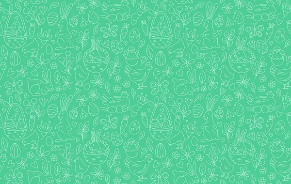 有趣的复活节无缝图案背景贺卡与兔子 小鸡和花朵 复活节蛋打猎 矢量画笔涂鸦儿童风格设计 — 图库矢量图片