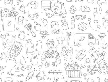 Mobile app courier delivering order online shop. Supermarket grosery store food, drinks, market seamless thin line icons background pattern. Vector illustration in linear simple style. Black and white vector Mobile app courier delivering order online shop. Supermarket grosery store food, drinks, market seamless thin line icons background pattern. Vector illustration in linear simple style. Black and white vector