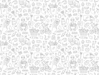 Mobile app courier delivering order online shop. Supermarket grosery store food, drinks, market seamless thin line icons background pattern. Vector illustration in linear simple style. Black and white vector Mobile app courier delivering order online shop. Supermarket grosery store food, drinks, market seamless thin line icons background pattern. Vector illustration in linear simple style. Black and white vector