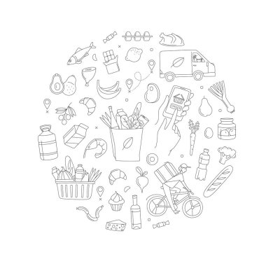 Mobile app courier delivering order online shop. Supermarket grosery store food, drinks, market circle thin line icons background pattern. Vector illustration in linear simple style. Black and white vector Mobile app courier delivering order online shop. Supermarket grosery store food, drinks, market circle thin line icons background pattern. Vector illustration in linear simple style. Black and white vector