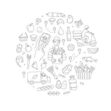 Mobile app courier delivering order online shop. Supermarket grosery store food, drinks, market circle thin line icons background pattern. Vector illustration in linear simple style. Black and white vector Mobile app courier delivering order online shop. Supermarket grosery store food, drinks, market circle thin line icons background pattern. Vector illustration in linear simple style. Black and white vector