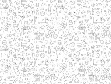 Mobile app courier delivering order online shop. Supermarket grosery store food, drinks, market seamless thin line icons background pattern. Vector illustration in linear simple style. Black and white vector Mobile app courier delivering order online shop. Supermarket grosery store food, drinks, market seamless thin line icons background pattern. Vector illustration in linear simple style. Black and white vector