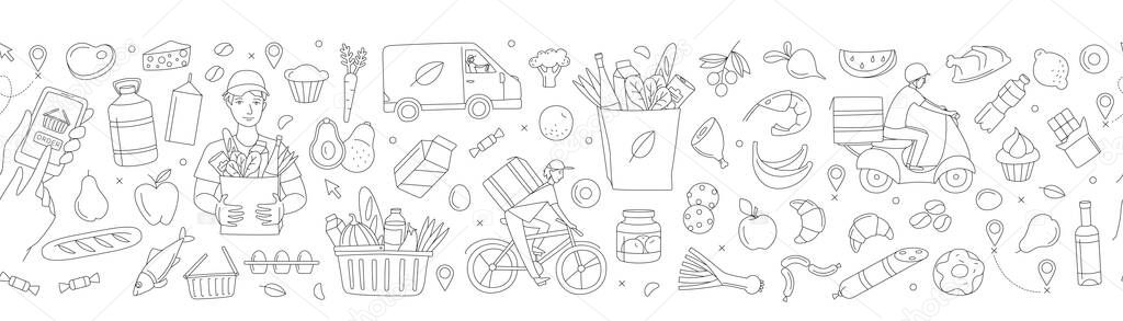 Mobile app courier delivering order online shop. Supermarket grosery store food, drinks, market seamless thin line icons background pattern. Vector illustration in linear simple style. Black and white vector Mobile app courier delivering order online shop. Supermarket grosery store food, drinks, market seamless thin line icons background pattern. Vector illustration in linear simple style. Black and white vector