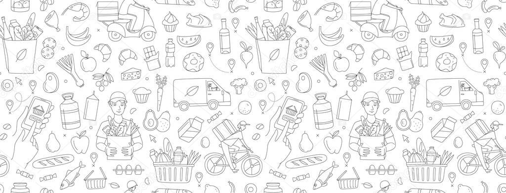 Mobile app courier delivering order online shop. Supermarket grosery store food, drinks, market seamless thin line icons background pattern. Vector illustration in linear simple style. Black and white vector Mobile app courier delivering order online shop. Supermarket grosery store food, drinks, market seamless thin line icons background pattern. Vector illustration in linear simple style. Black and white vector
