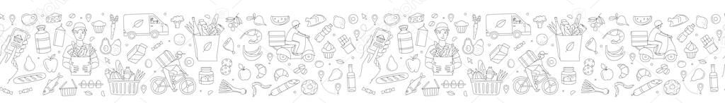 Mobile app courier delivering order online shop. Supermarket grosery store food, drinks, market seamless thin line icons background pattern. Vector illustration in linear simple style. Black and white vector Mobile app courier delivering order online shop. Supermarket grosery store food, drinks, market seamless thin line icons background pattern. Vector illustration in linear simple style. Black and white vector