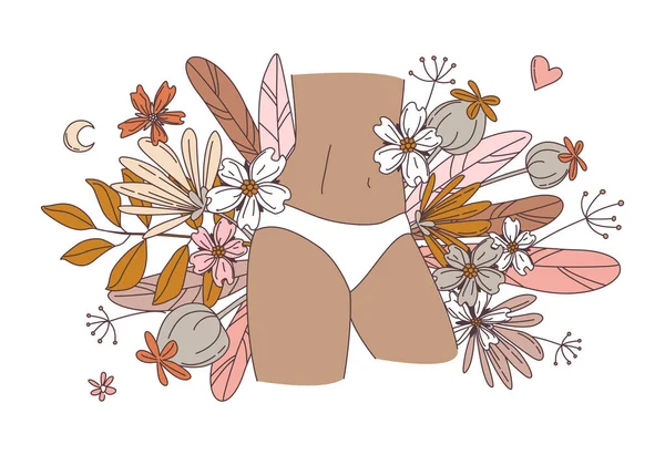 女人的身体穿着白色内裤的女人植物的背景 细线艺术素描风格中的矢量插图涂鸦 — 图库矢量图片