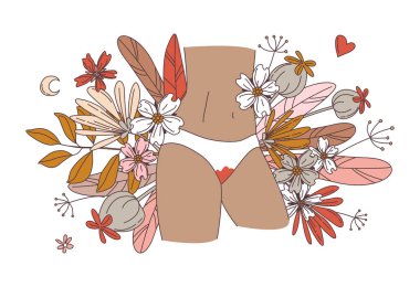 Women body. Woman wearing white panties. First menstruation. Floral background. Vector illustration doodle in thin line art sketch style clipart