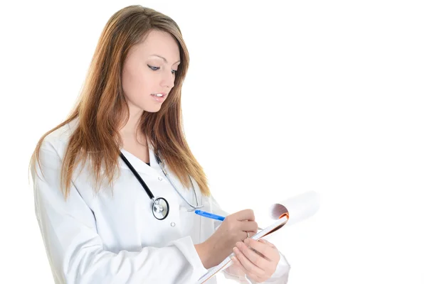 Estudiante bonita doctora escribiendo notas — Foto de Stock