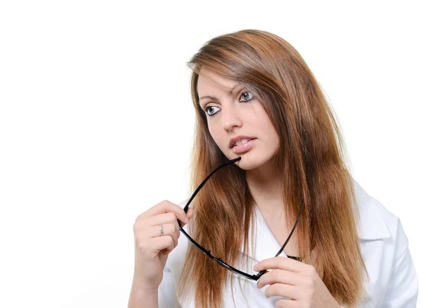 Pretty doctor portrait with glasses in her hand — Stock Photo, Image