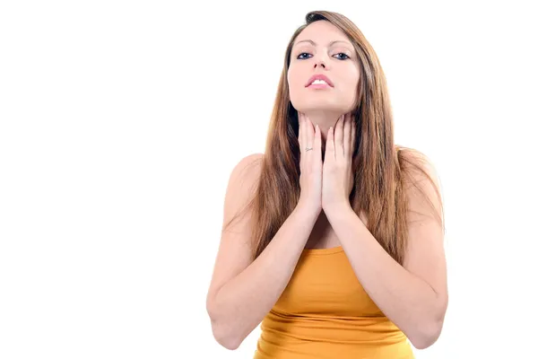 genç ve güzel kadın boğaz beyaz zemin üzerine izole