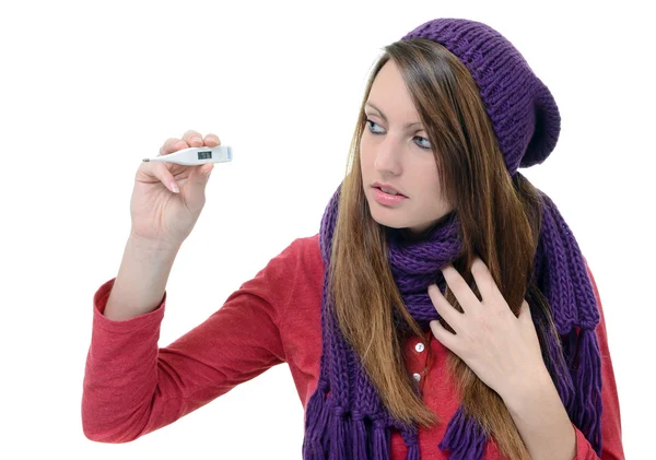 Pretty young girl monitor her temperature with thermometer — Stock Photo, Image