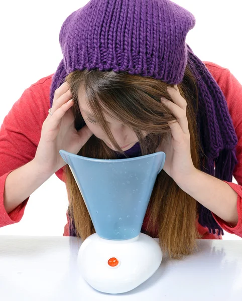 A young woman with colds and flu inhaled essential oils — Stock Photo, Image