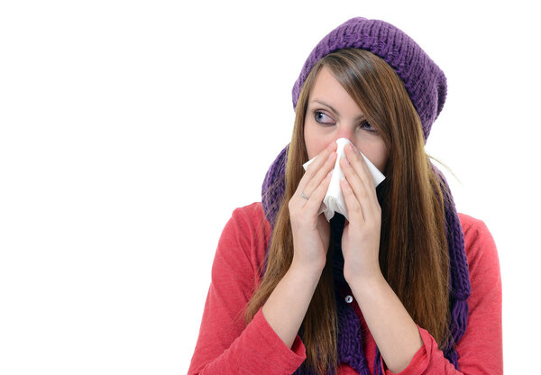 Sick Woman.Flu.Woman Caught Cold. Sneezing into handkerchief. Headache. Virus .Medicines