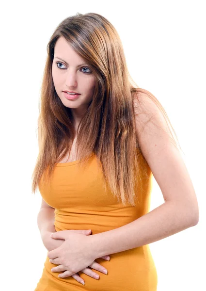 Beautiful young woman stomachache on white background — Stock Photo, Image