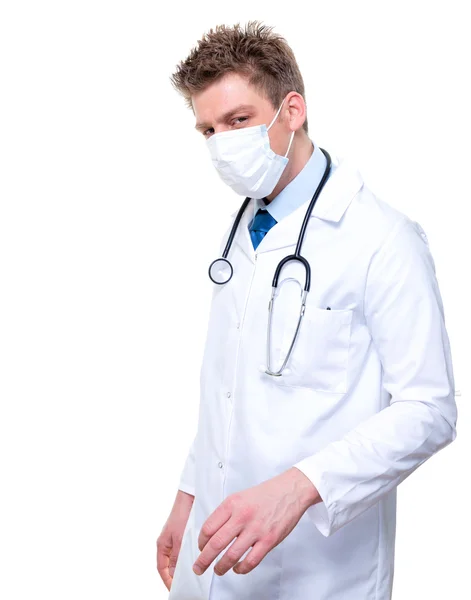 Enfermeira ou médico retrato usando máscara cirúrgica — Fotografia de Stock