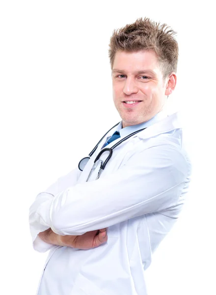 Z stetoskop uśmiechający się lekarz. na białym tle — Zdjęcie stockowe