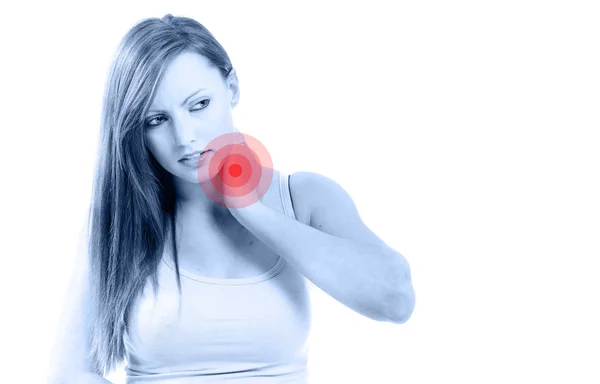 Beautifull woman holding her neck because of pain isolated — Stock Photo, Image