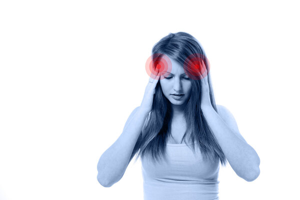Young beautiful woman with severe headache