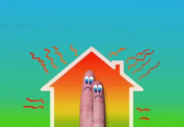 House with high heat loss illustration and couple of fingers — Stock Photo, Image