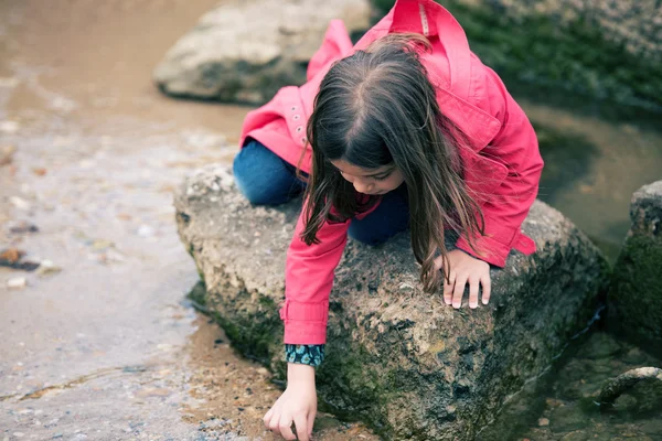 Całkiem mała dziewczynka gra na skale w water's edge — Zdjęcie stockowe