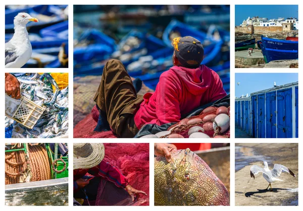 Collage sobre la actividad pesquera en Essaouira, Marruecos — Foto de Stock