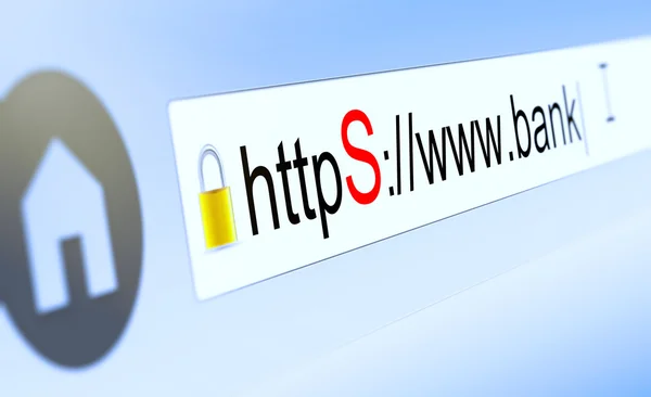 Close up of browser bar with https typed in, padlock and bank domain name — стоковое фото