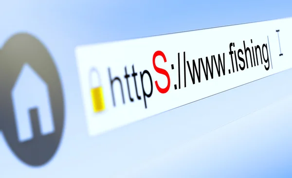 Nahaufnahme der Browserleiste mit eingetipptem https, Vorhängeschloss und Fischerei-Domain-Namen — Stockfoto