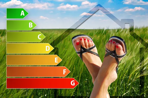 Icon of house energy efficiency rating with nice feet and green background — Stock Photo, Image