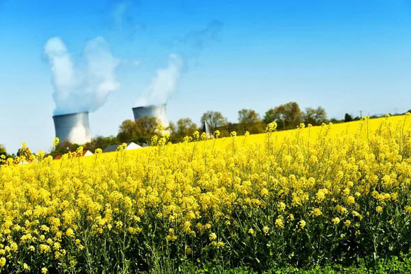 Nuclear power plant en raapzaad velden — Stockfoto