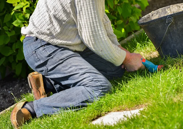 Senior cutting grass with shears — Stock Photo, Image