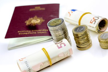 pasaport ve para birimi euro banknot üzerinde duruluyor