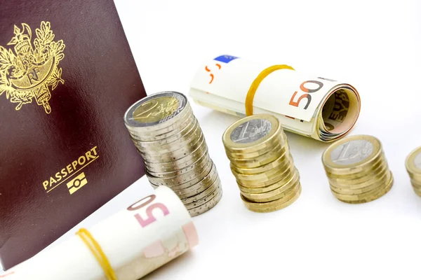 Passport and currency focuses on Euro banknotes — Stock Photo, Image