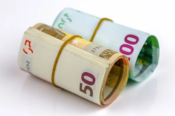 Roll of one hundred euro and Fifty banknotes — Stock Photo, Image