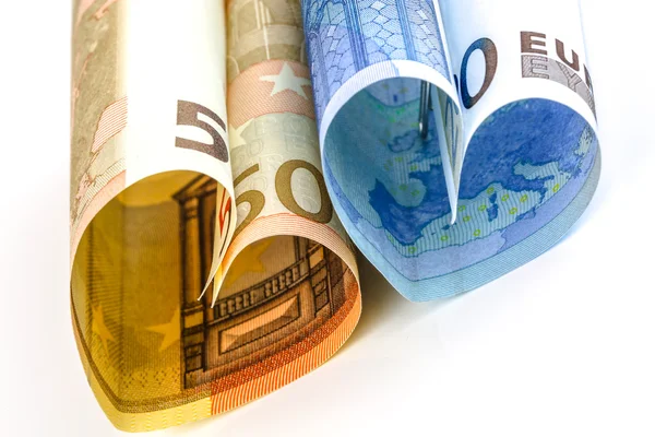 Dwa euro rachunku w formie serca — Zdjęcie stockowe