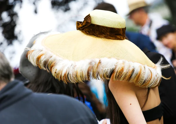 Elegancka kobieta z jej pióro piękny kapelusz — Zdjęcie stockowe