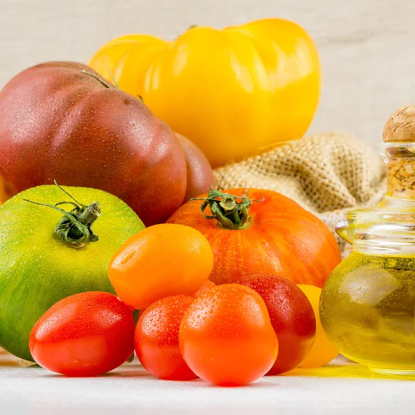 Variedades de tomates coloridos y aceite de oliva — Foto de Stock