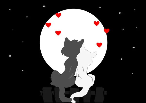 Greeting card for Valentine Cats admire the moon — Stock Vector