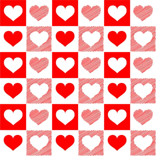 Dibujo de corazones blancos rojos sin costuras — Vector de stock