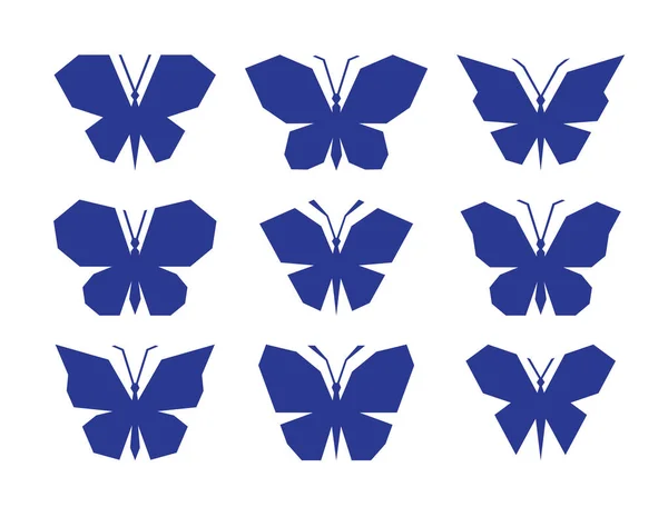 Set Von Neun Blauen Polygonalen Ikonen Von Schmetterlingen Isoliert Auf — Stockvektor