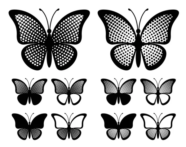 Conjunto Contornos Mariposas Con Semitono Radial Aislado Sobre Fondo Blanco — Vector de stock