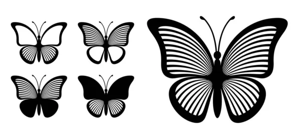 Set Outlines Butterflies Striped Wings Isolated White Background Silhouette Butterfly — Stock Vector