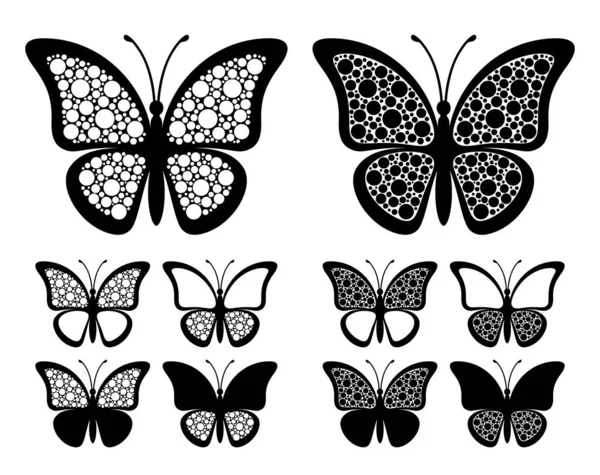 Σύνολο Περιγραμμάτων Πεταλούδων Διάστικτα Φτερά Που Απομονώνονται Λευκό Φόντο Σιλουέτα — Διανυσματικό Αρχείο