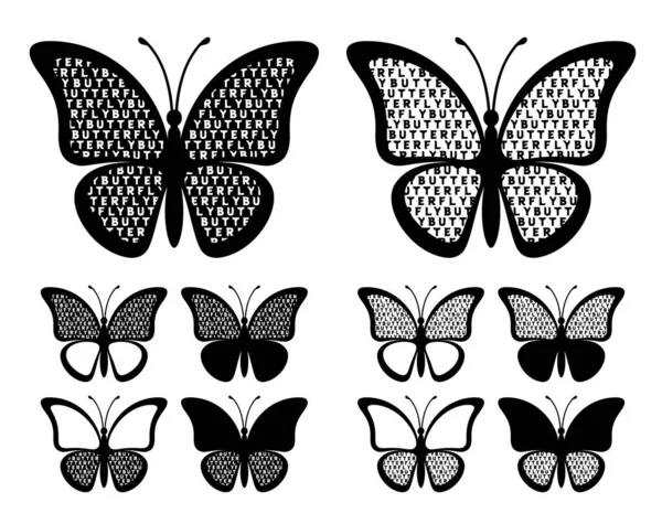 一组蝴蝶的轮廓 翅膀上有字母图案 与白色背景隔离 蝴蝶的轮廓非常适合贴纸 名片和礼品证明 — 图库矢量图片