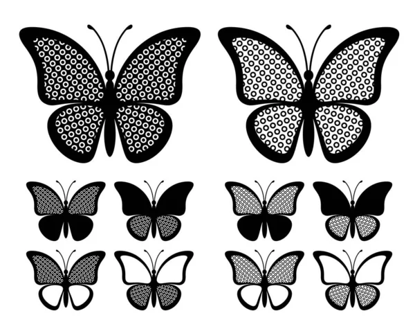 Set Sagome Farfalle Con Ali Punteggiate Isolate Fondo Bianco Silhouette — Vettoriale Stock