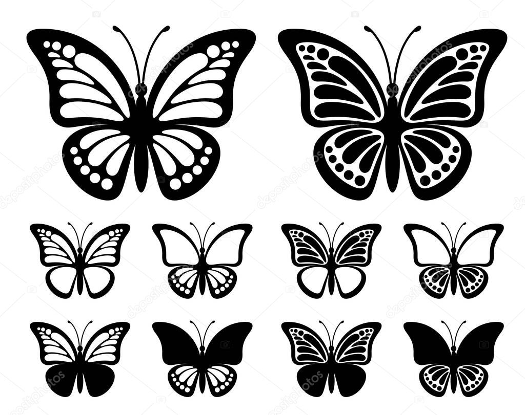 Set of contours of butterflies with monarch wings isolated on a white background. Silhouette of butterfly is perfect for stickers, icons, business cards and gift certificates