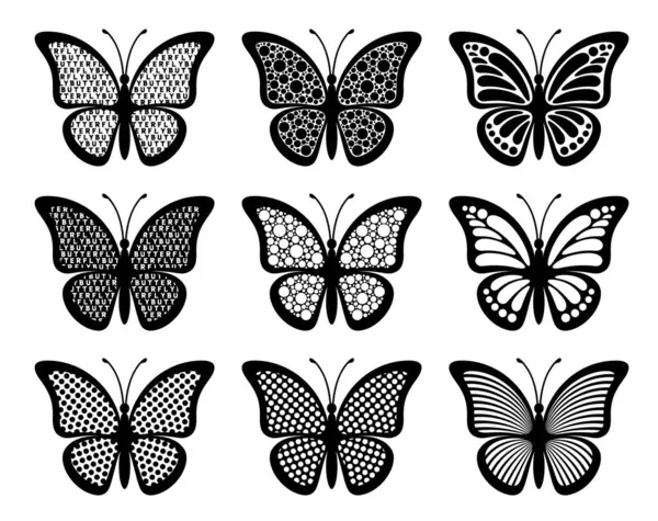 Ensemble Contours Papillons Avec Différentes Ailes Isolées Sur Fond Blanc — Image vectorielle