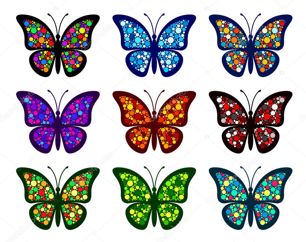 Set of creative butterflies with colorful dotted wings isolated on a white background. Outlines of butterfly are perfect for stickers, icons, business cards and gift certificates