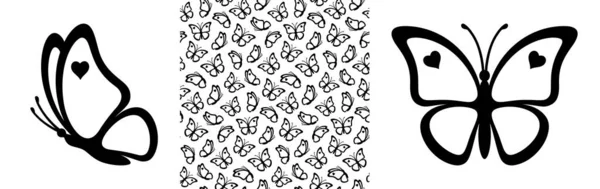 Kelebek çizgileri. Kalpleri ve beyaz bir arka planda izole edilmiş kusursuz desenleri var. Kelebek taslakları basılı hediye kağıdı, düğün kartları ve kumaşlar için harikadır.